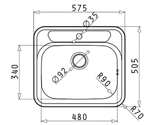 Technický nákres dřezu s rozměry