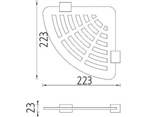 Technický výkres rohové police o rozměrech 223 x 223 x 23 milimetrů