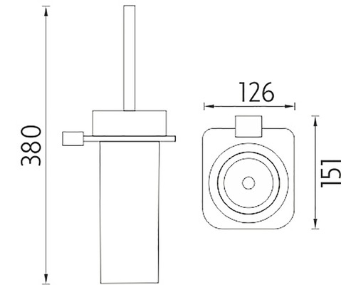 Technický nákres sady WC štětky s rozměry.