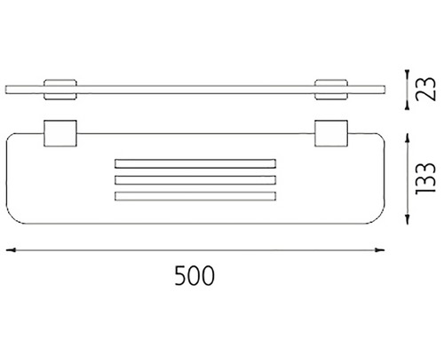 Technický výkres skleněné police o rozměrech 500 x 133 x 23 mm
