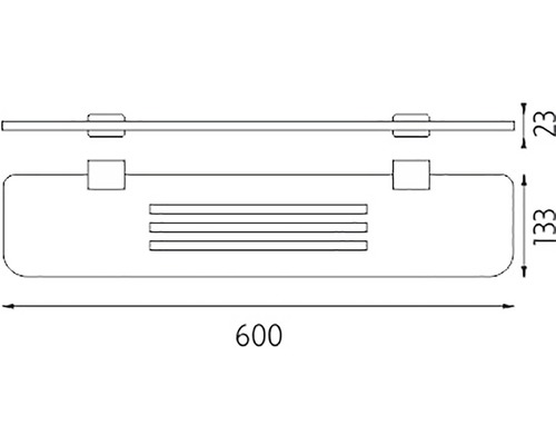 Technický nákres sprchové police o rozměrech 600 x 133 x 23 milimetrů