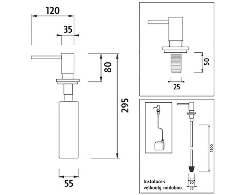 Technický výkres dávkovače saponátu s rozměry