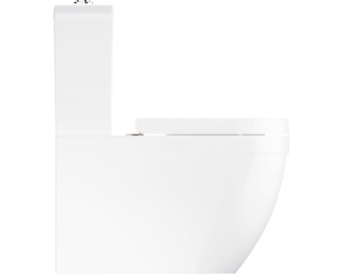 Bílá stojící toaleta s splachovací nádrží v profilu