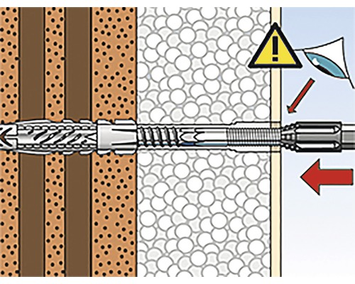 Ilustrace upevnění hmoždinky s varováním pro ochranu očí