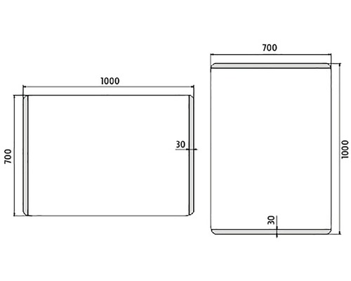 Technický nákres obdélníkového objektu o rozměrech 1000 x 700 x 30 milimetrů