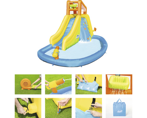 Nafukovací skluzavka s bazénem a detailní záběry instalace.