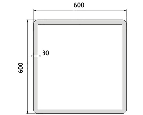 Čtvercový ocelový trubkový profil o rozměrech 600 x 600 mm a tloušťce stěny 30 mm.