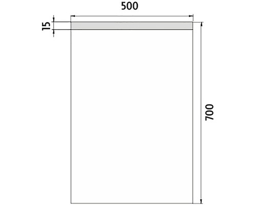 Technický výkres desky o rozměrech 500 x 700 mm a tloušťce 15 mm.