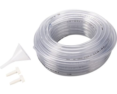 Průhledná hadice s nálevkou a dvěma zátkami