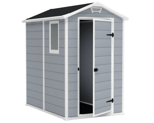 Zahradní bouda s oknem a otevřenými dveřmi