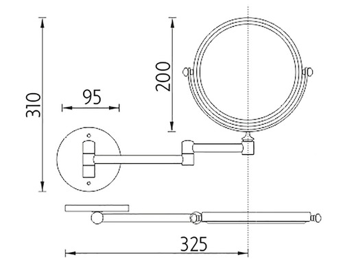 Technický výkres nástěnného zrcadla s držákem na ručníky a rozměry