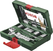 Logo Bosch na zelené sadě vrtáků s různými vrtáky a bity v otevřeném kufříku
