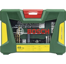 Logo společnosti Bosch. Sada 48 vrtáků v zeleném plastovém boxu.