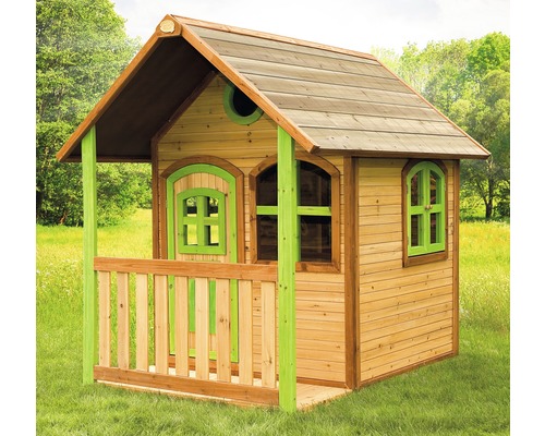 Dřevěný hrací domek s verandou na zahradu