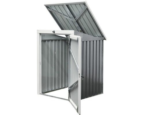 Kovová zahradní bouda s otevřenými dveřmi a víkem