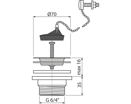 Odtoková armatura s rozměry průměr 70 milimetrů a G 6 1/4 palce
