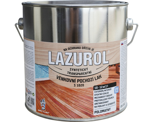 Lak na dřevo Lazurol pochozí S1020 bezbarvý 2,5 l Lazurol syntetický transparentní venkovní lak v kovové nádobě