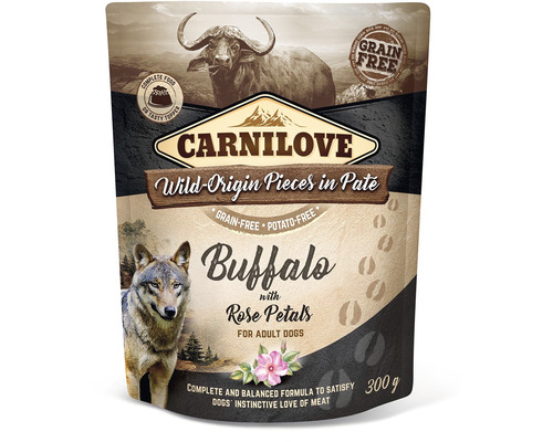 Kapsička pro psy Carnilove buvol s růží 300 g Krmivo pro psy Carnilove s buvolím masem a okvětními lístky růží, 300 gramů
