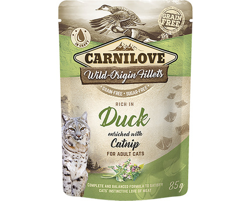 Kapsička pro kočky Carnilove kachna se šantou 85 g Carnilove Wild Origin Fillets krmivo pro kočky s kachnou a šantou kočičí, 85 gramů