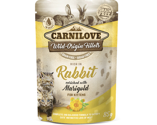 Kapsička pro kočky Carnilove králík s měsíčkem 85 g Carnilove krmivo pro kočky Wild-Origin Fillets Králík pro koťata, bez obilí