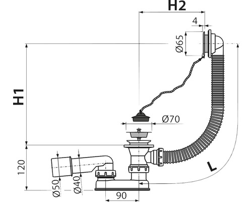 Technický výkres umyvadlového odpadu s rozměry