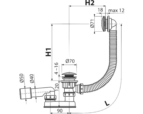 Technický výkres sifonu s rozměry
