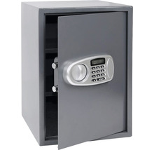 Šedý nábytkový trezor s otevřenými dveřmi a elektronickým číselným zámkem