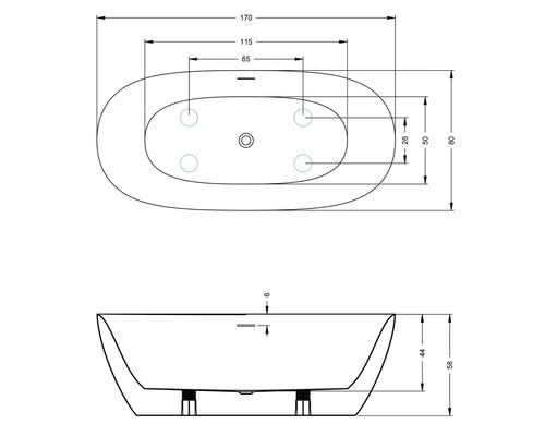 Technický výkres vany s rozměry