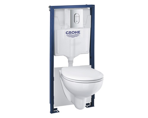 Závěsné WC Grohe Solido 5v1 klozet a sedátko softclose Bau Ceramic tlačítko Arena Cosmopolitan chrom 39418000