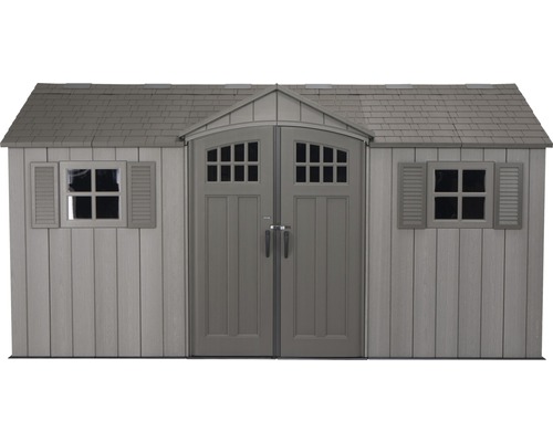 Zahradní domek s dvoukřídlými dveřmi a okenicemi