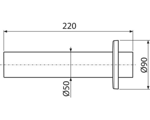 Technický nákres koupelnového doplňku s rozměry: délka 220 mm, průměr 50 mm a 90 mm.