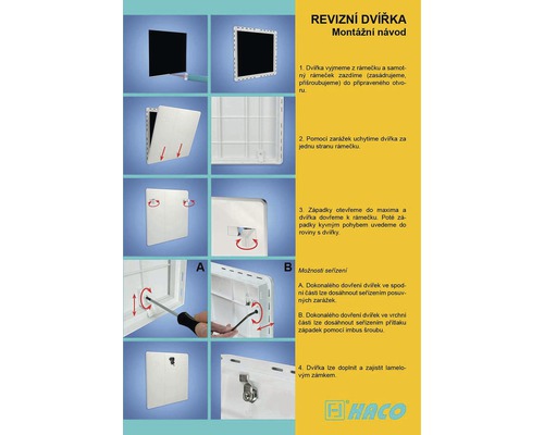 Montážní návod pro revizní dvířka s ilustracemi krok za krokem.