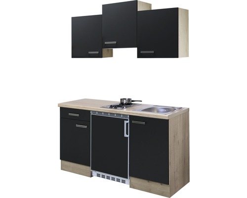 Kompaktní kuchyně se spodními skříňkami, dřezem, varnou deskou a horními skříňkami