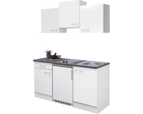 Kompaktní kuchyňská linka s dřezem, varnou deskou, lednicí a horními skříňkami