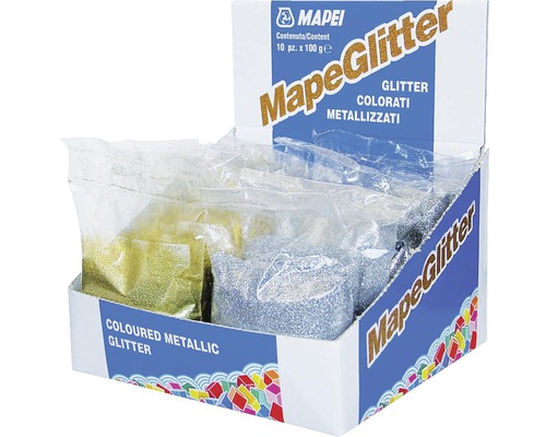 Metalické třpytky Mapei Mapeglitter stříbrné, 0,1 kg Mapei MapeGlitter prezentační box s 10 baleními třpytek