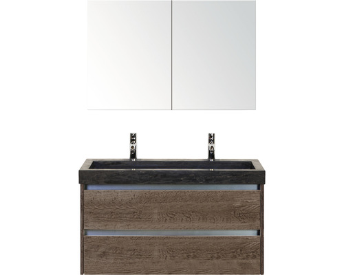 Koupelnový nábytkový set Sanox Dante barva čela tabacco ŠxVxH 101 x 170 x 45,5 cm s dvojitým umyvadlem z přírodního kamene a zrcadlovou skříňkou