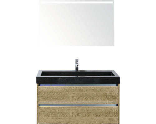Koupelnový nábytkový set Sanox Dante barva čela dub přírodní ŠxVxH 101 x 170 x 45,5 cm s umyvadlem z přírodního kamene a zrcadlem s LED osvětlením
