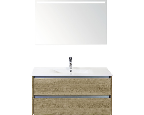 Koupelnový nábytkový set Sanox Dante barva čela dub přírodní ŠxVxH 101 x 170 x 46 cm s keramickým umyvadlem a zrcadlem s LED osvětlením