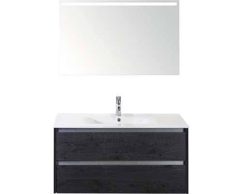 Koupelnový nábytkový set Sanox Dante barva čela black oak ŠxVxH 101 x 170 x 46 cm s keramickým umyvadlem a zrcadlem s LED osvětlením