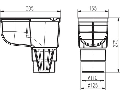 Technický výkres žlabové vpusť s rozměry