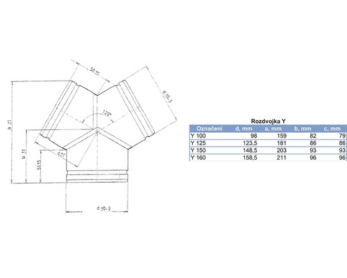 Technický nákres Y-kusu s rozměry v milimetrech