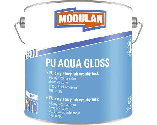 Barevný lak Modulan PU Aqua Gloss vysoký lesk RAL9010 Bílá 2,5 l Barva Modulan PU Aqua Gloss v kovovém kbelíku