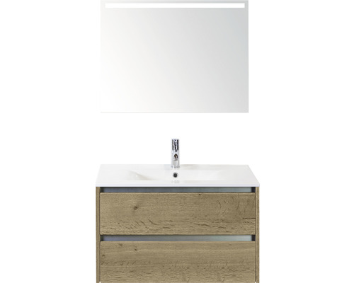 Koupelnový nábytkový set Sanox Dante barva čela dub přírodní ŠxVxH 81 x 170 x 46 cm s keramickým umyvadlem a zrcadlem s LED osvětlením