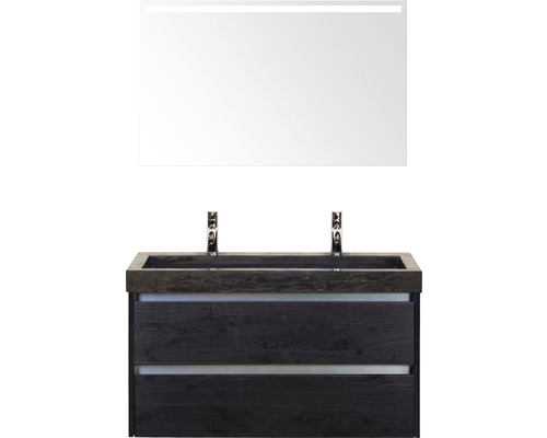 Koupelnový nábytkový set Sanox Dante barva čela black oak ŠxVxH 101 x 170 x 45,5 cm s dvojitým umyvadlem z přírodního kamene a zrcadlem s LED osvětlením