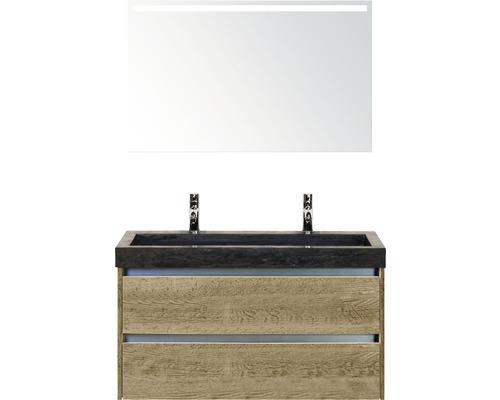 Koupelnový nábytkový set Sanox Dante barva čela dub přírodní ŠxVxH 101 x 170 x 45,5 cm s dvojitým umyvadlem z přírodního kamene a zrcadlem s LED osvětlením