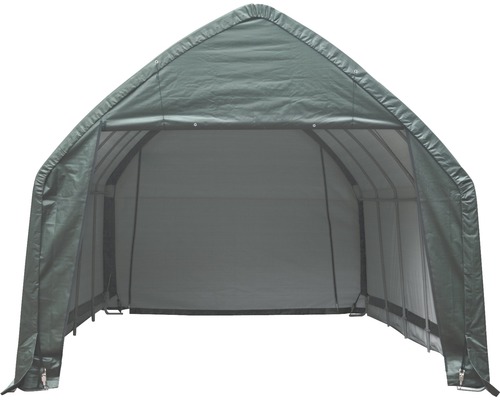 Otevřená garáž na nářadí s ocelovým rámem a látkovou plachtou