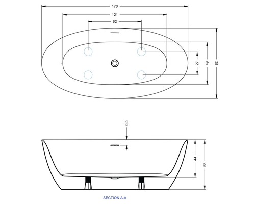 Technický nákres volně stojící vany s rozměry