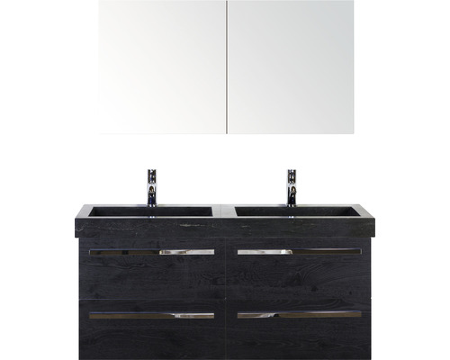 Koupelnový nábytkový set Sanox Seville barva čela černý dub ŠxVxH 121 x 170 x 45,5 cm s umyvadlem z přírodního kamene a zrcadlovou skříňkou