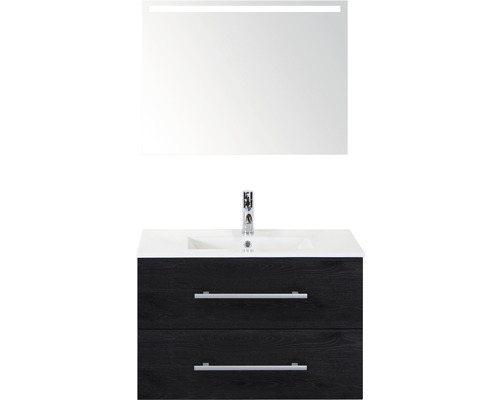 Koupelnový nábytkový set Sanox Stretto barva čela black oak ŠxVxH 81 x 170 x 39 cm s keramickým umyvadlem a zrcadlem s LED osvětlením