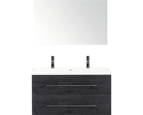 Koupelnový nábytkový set Sanox Straight barva čela black oak ŠxVxH 100 x 170 x 40 cm s dvojitým umyvadlem z minerální litiny a zrcadlem